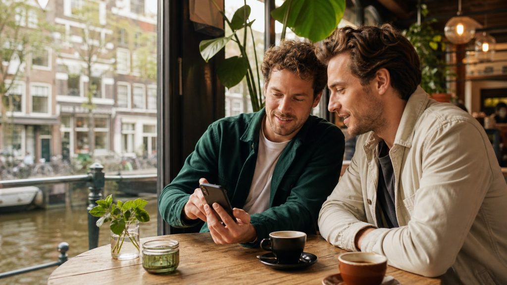 Illustrative café scene: adult friends exploring local places together.